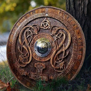 Carved Norse Runic Shield with Jörmungandr Ornaments