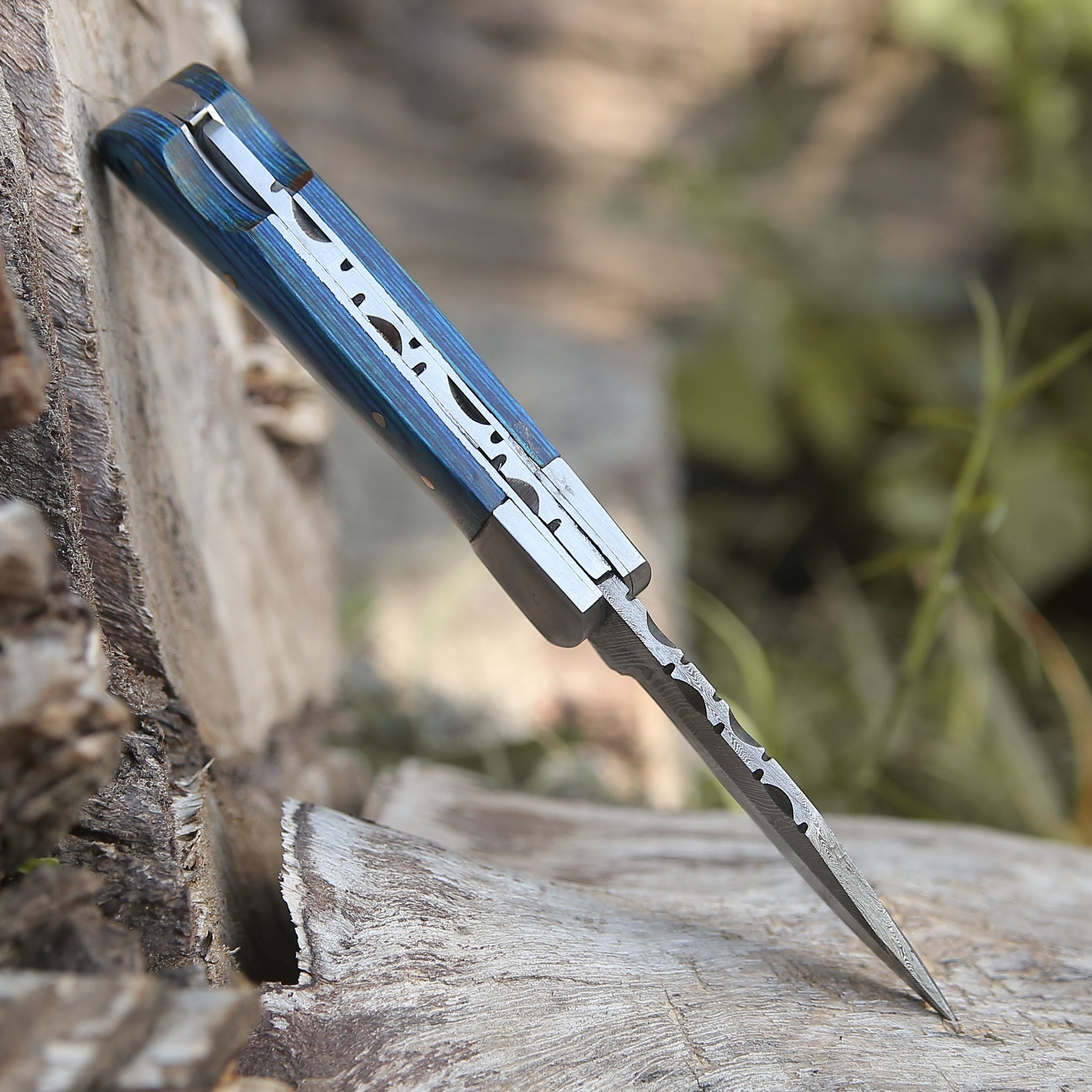 Custom Hand Forged Damascus Folding Knife With Steel Bolster & Stained Wood Handle WH 141