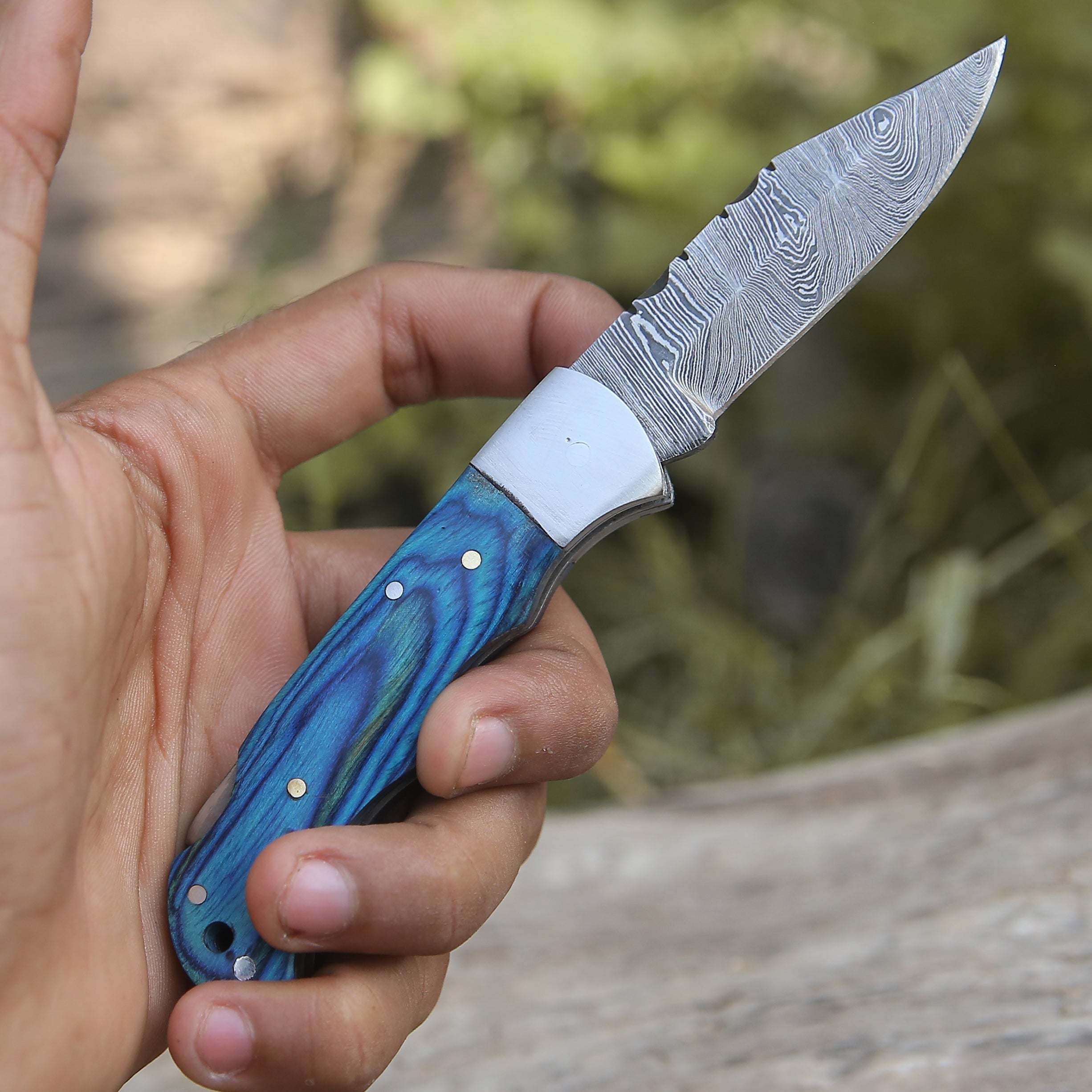 Custom Hand Forged Damascus Folding Knife With Steel Bolster & Stained Wood Handle WH 141