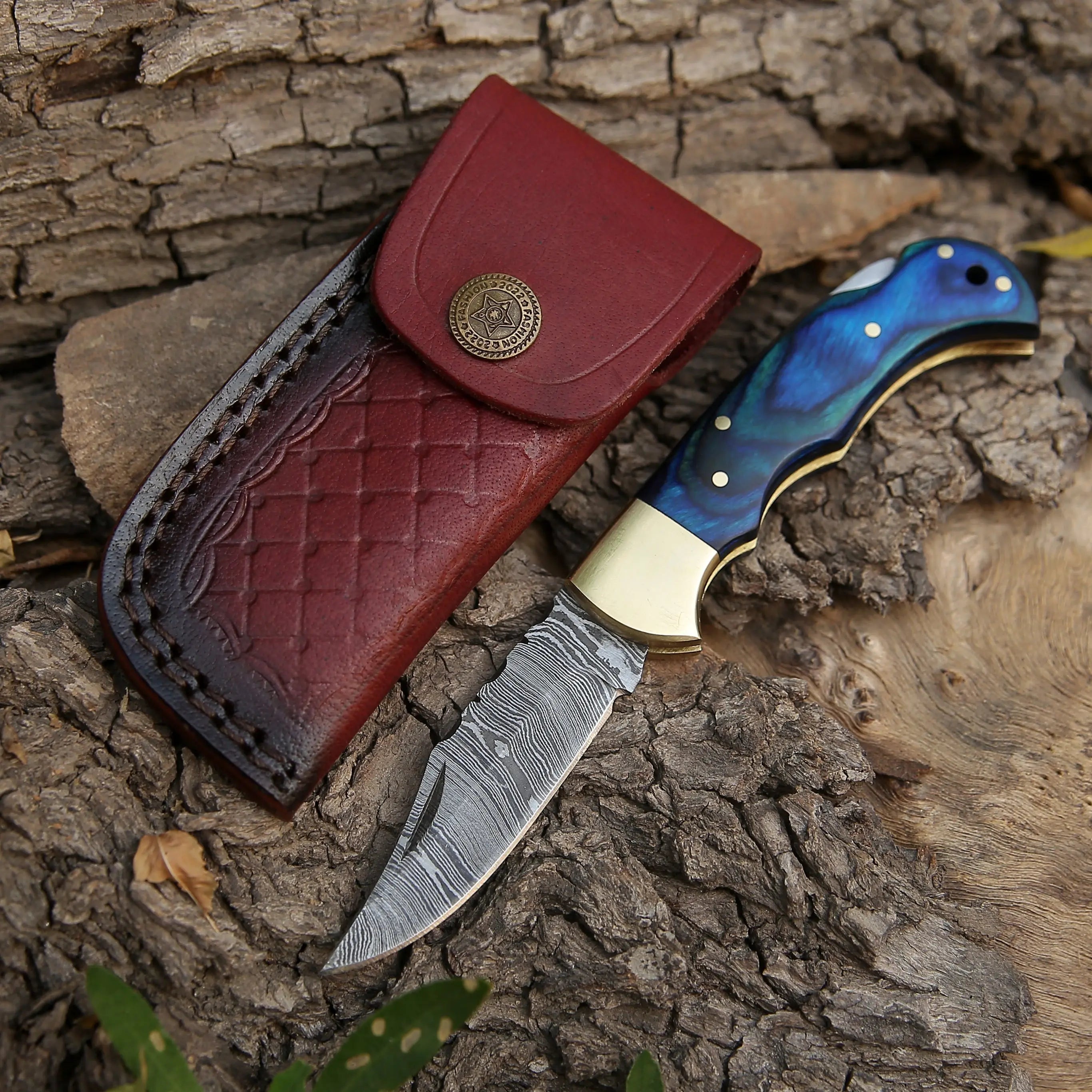 Custom Hand Forged Damascus Steel Folding Knife Stained Wood Handle WH 1255