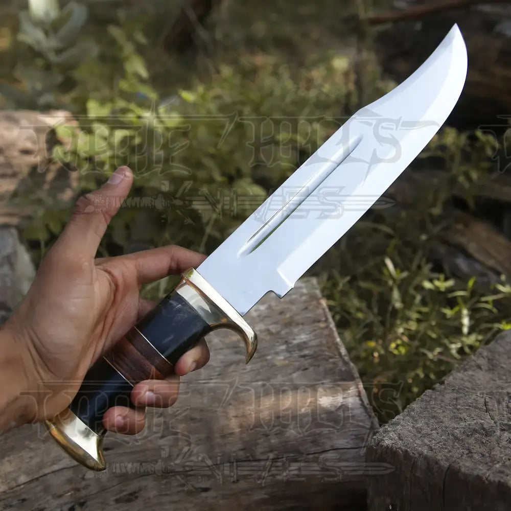 Bowie Knife - Handmade D2 Bowie Knife Steel Hunting Fix Blade - Bull Horn & Leather Handle