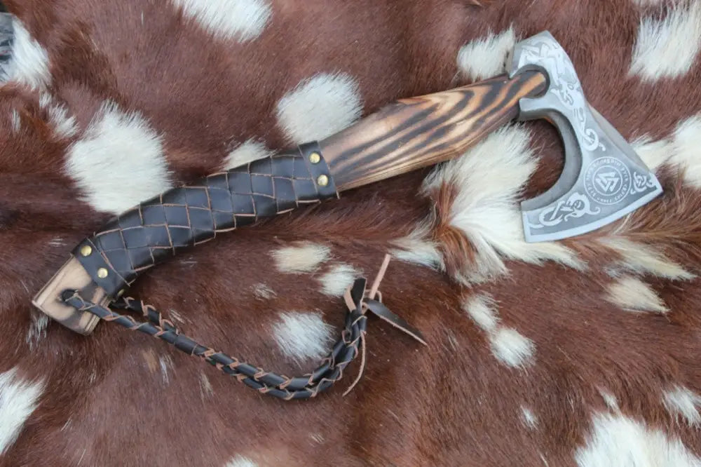 Custom Forged Carbon Steel Viking Axe with Dark Wood Shaft, Viking Bearded Camping Axe