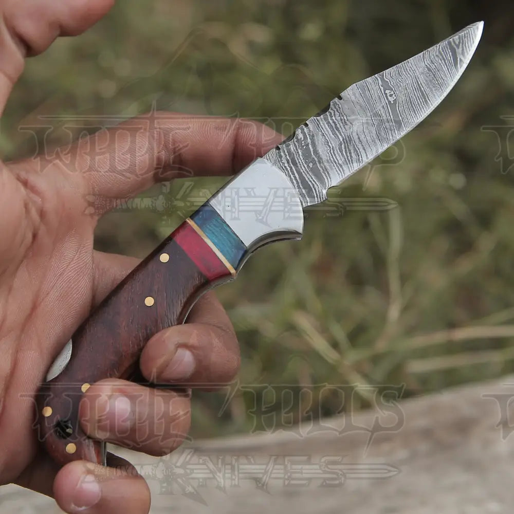 Custom Hand Forged Damascus Folding Pocket Knife With Wood Handle & Back Lock
