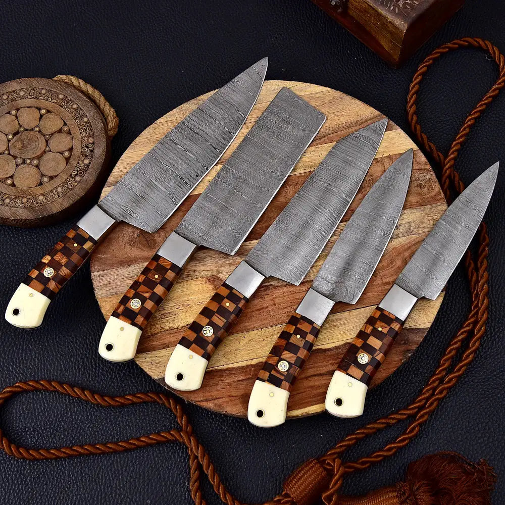 Custom Hand Made Forged Damascus Chef Knife Set Steel Bolster With Bone & Dark wood Handle WH 3622