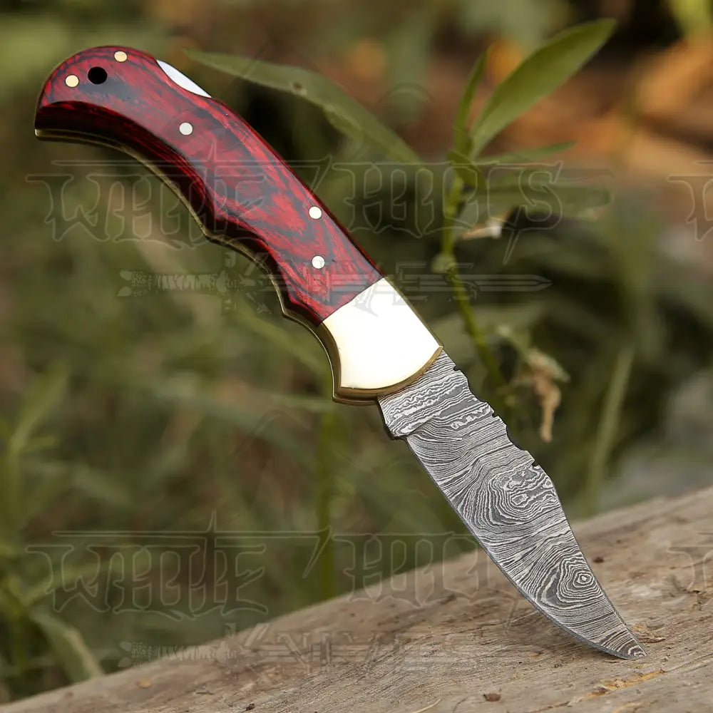 Custom Handmade Damascus Steel Pocket Folding Knife Stained Wood Handle WH 1255