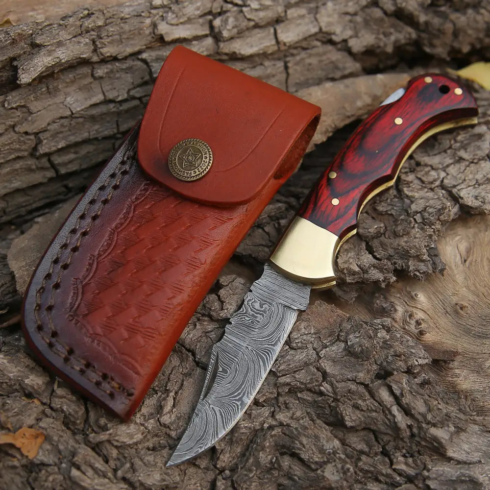 Custom Handmade Damascus Steel Pocket Folding Knife Stained Wood Handle WH 1255