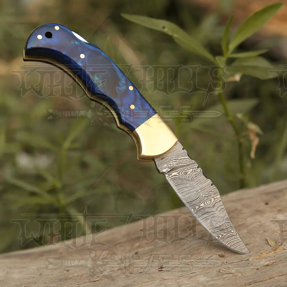 Custom Handmade Damascus Steel Pocket Folding Knife Stained Wood Handle WH 1256