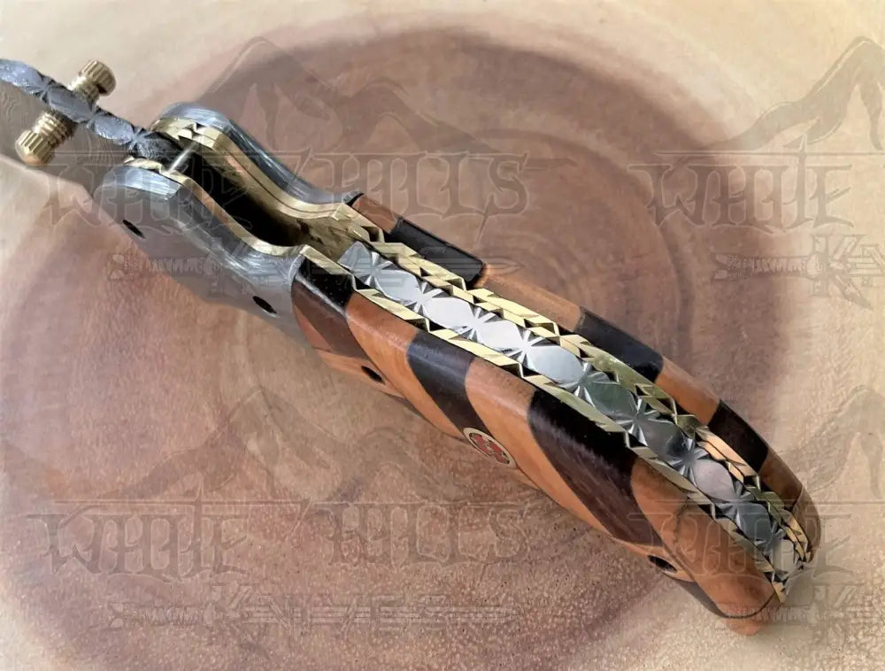 Damascus Steel Folding Pocket Knife - 7.5" Handmade Gift Knife with Olive & Dark Wood Handle - Camping Pocket Knife