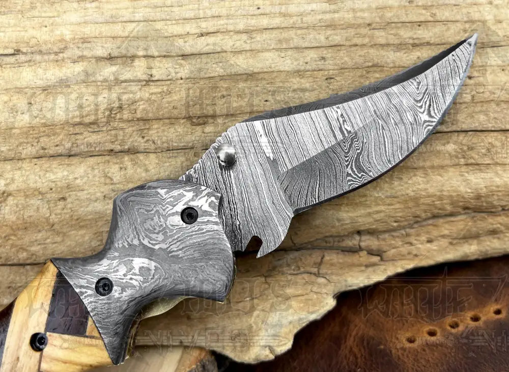 Damascus Steel Folding Pocket Knife - 7.5" Handmade Gift Knife with Olive & Dark Wood Handle - Camping Pocket Knife