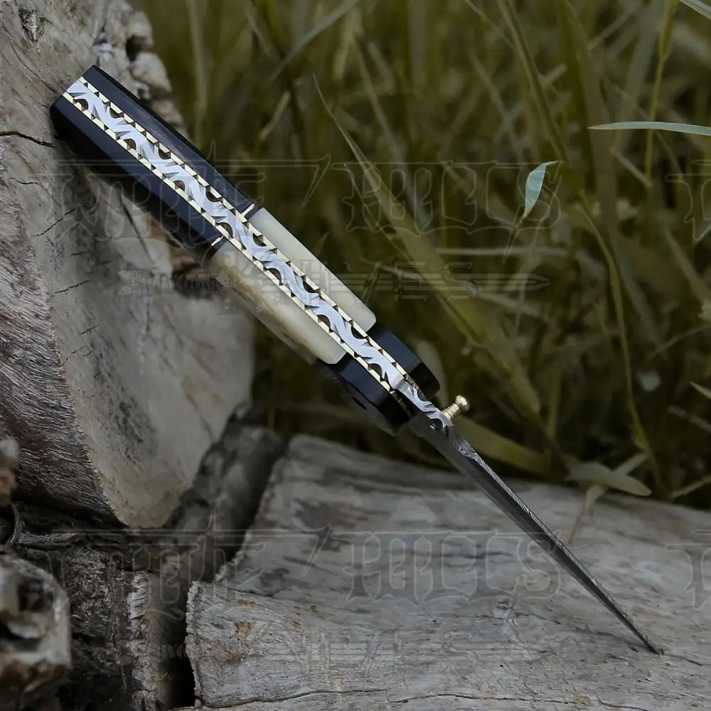 Damascus Steel Folding Pocket Knife - 8" Handmade Gift Knife with Camel Bone & Resin Handle - Camping Pocket Knife