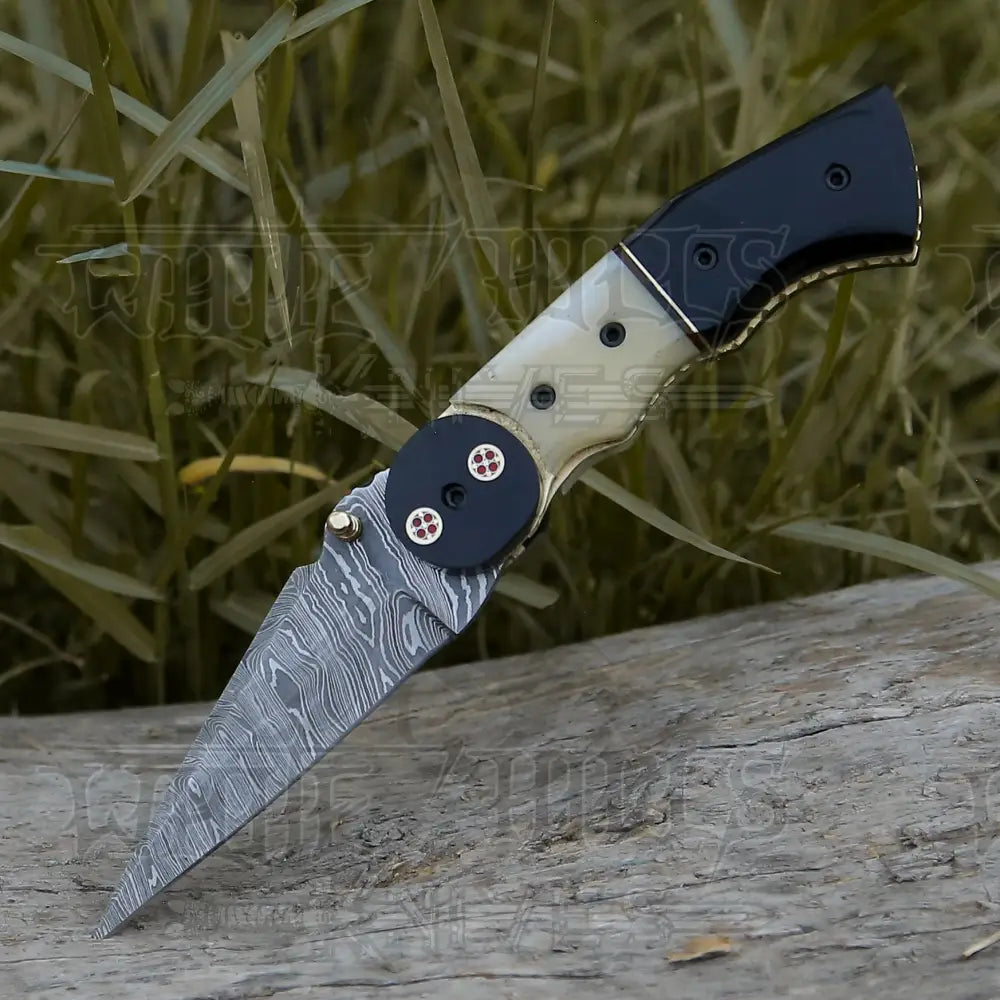 Damascus Steel Folding Pocket Knife - 8" Handmade Gift Knife with Camel Bone & Resin Handle - Camping Pocket Knife