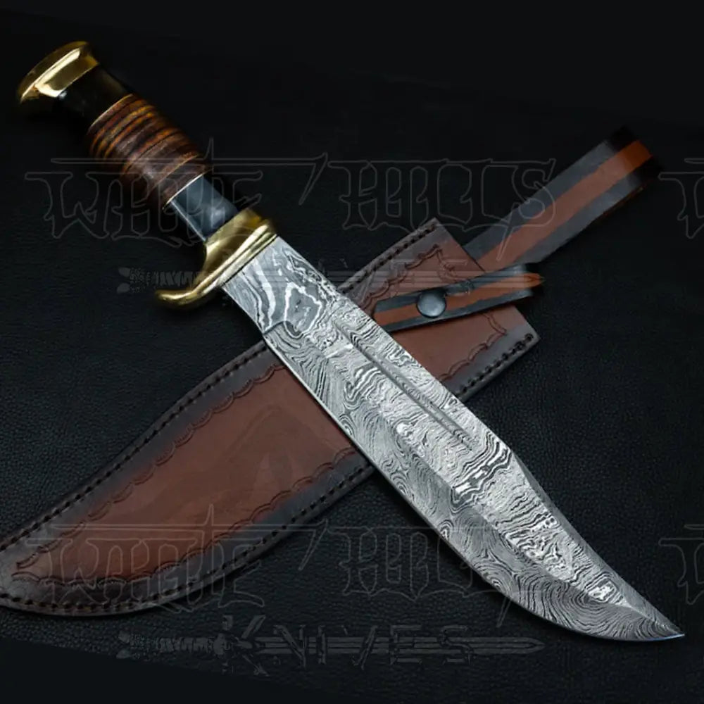 Edc Bowie Knife- Damascus Steel EDC 15”bowie knife rambo with Leather Roll & Buffalo Horn Handle