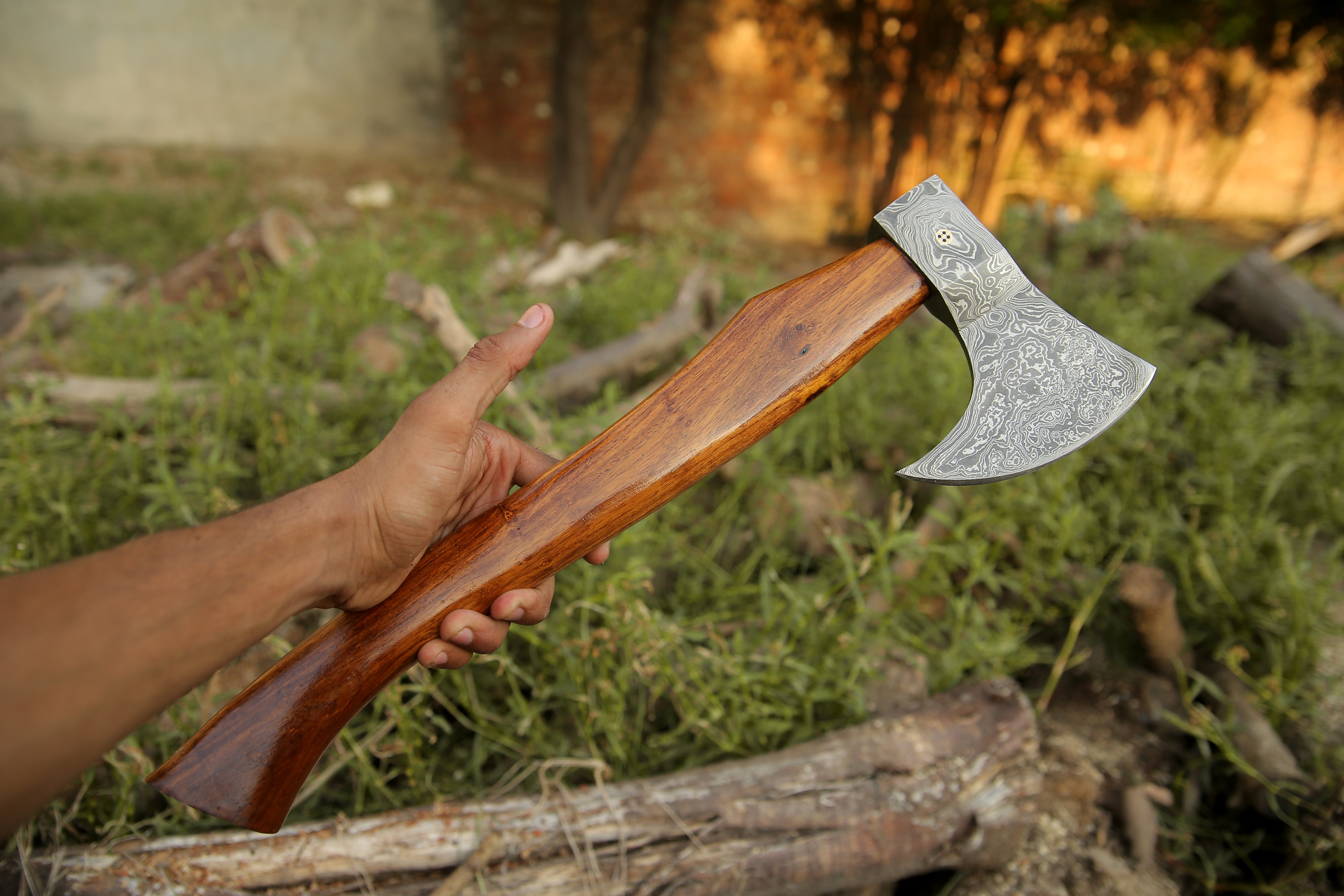 Damascus Viking Axe, Damascus Steel Axe With Leather Sheath, Darkwood Handle Axe, Viking Hatchet, Camp Axe