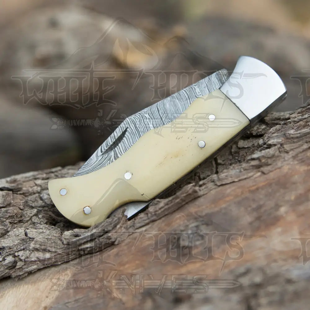 Handmade Damascus Pocket Knife - 6.5'' Back Lock Folding Knife Bone Handle - Camping Knife