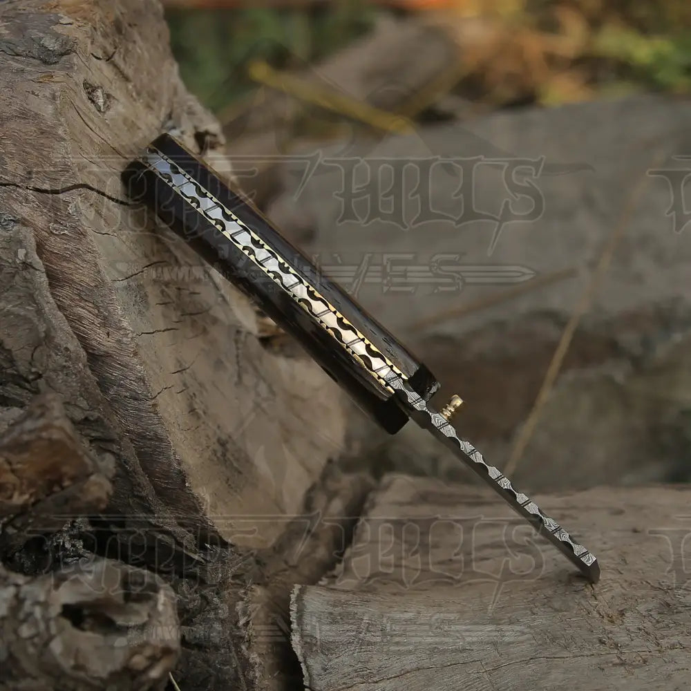 Handmade Damascus Pocket Knife - Folding Bull Cutter Knife - Wood Handle WH 5033