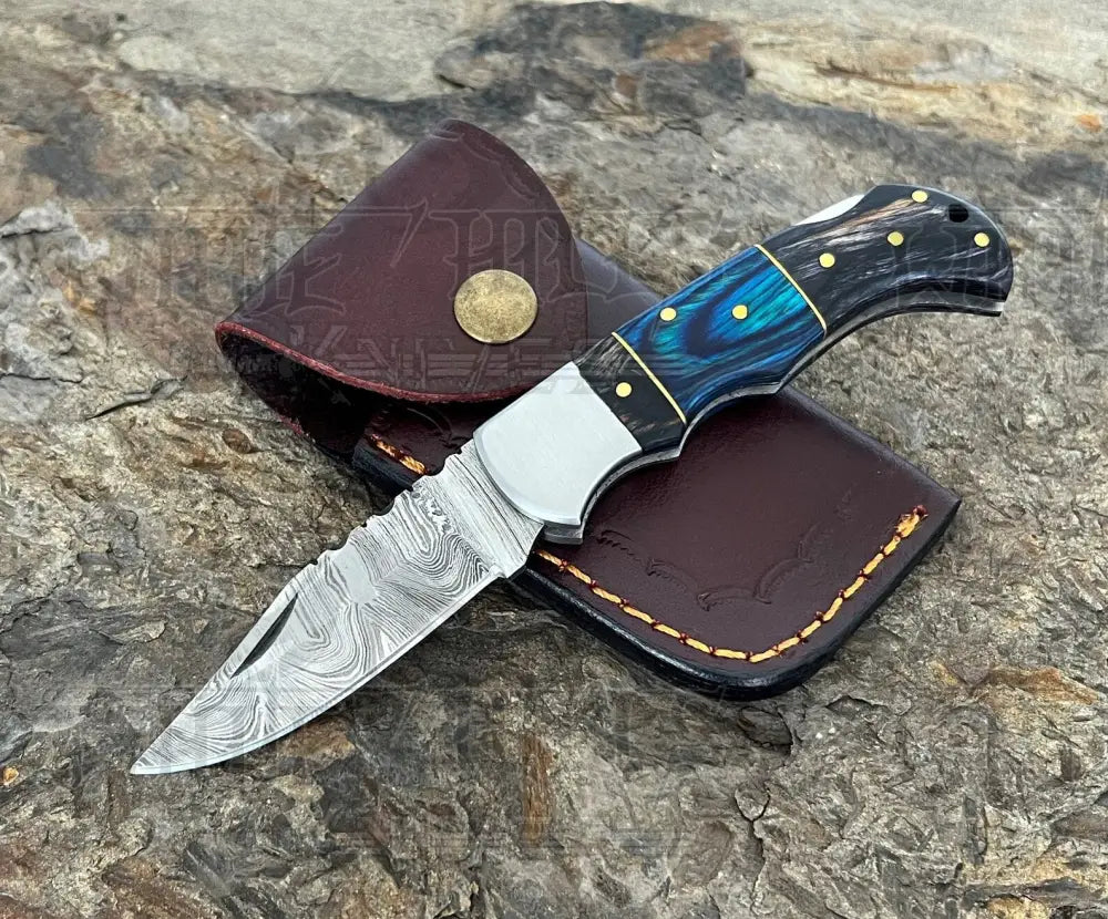Handmade Damascus Steel Hunting Pocket Knife Camping Folding Blade With Black & Blue Wood Handle WH 4392