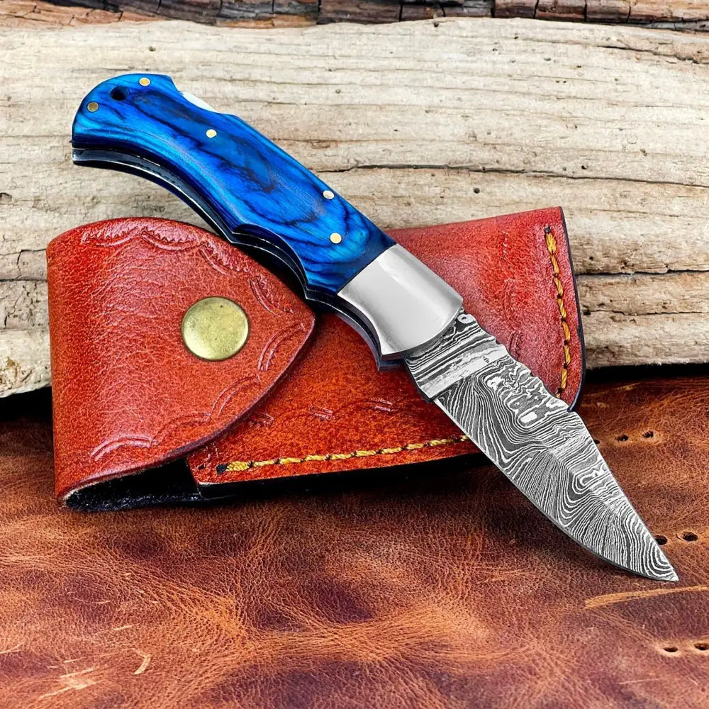 Handmade Damascus Steel Hunting Pocket Knife Camping Folding Blade With Wood Handle WH 4380