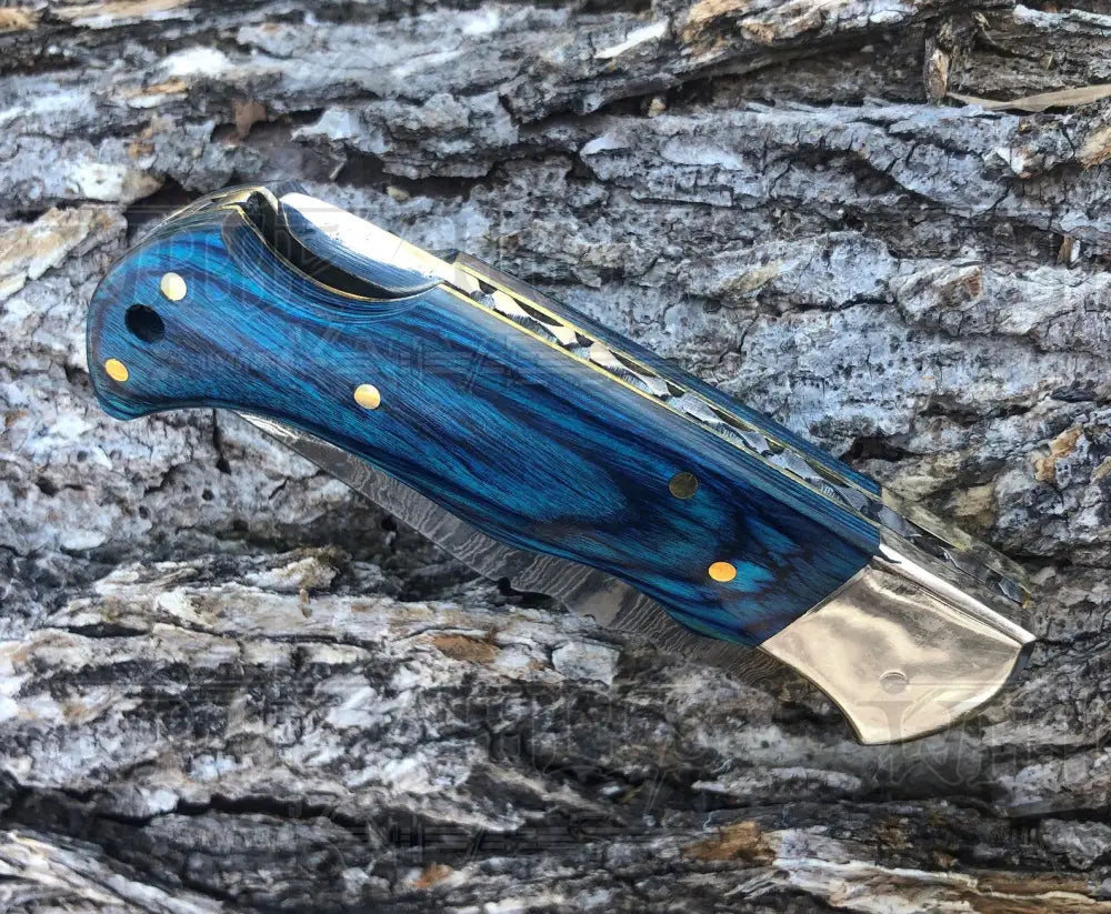 Handmade Damascus Steel Hunting Pocket Knife Camping Folding Blade With Wood Handle WH 4380