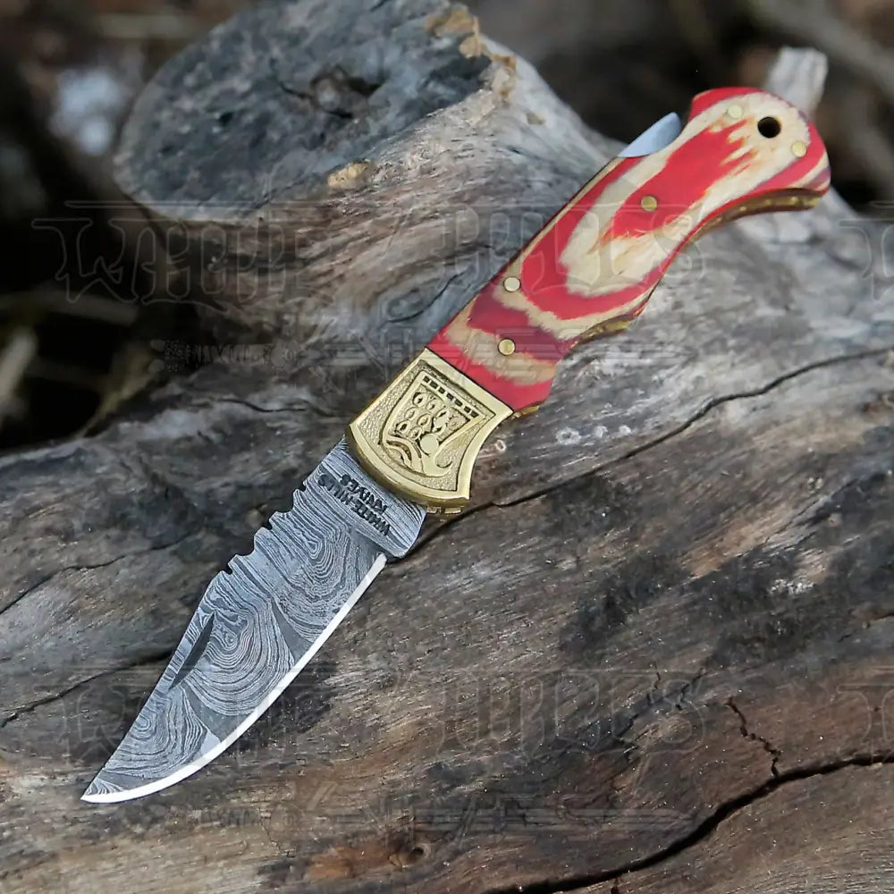 HANDMADE DAMASCUS STEEL POCKET KNIFE - Folding Knife- Stain Wood Handle With Engraved Brass Eagle Bolster WH 5049