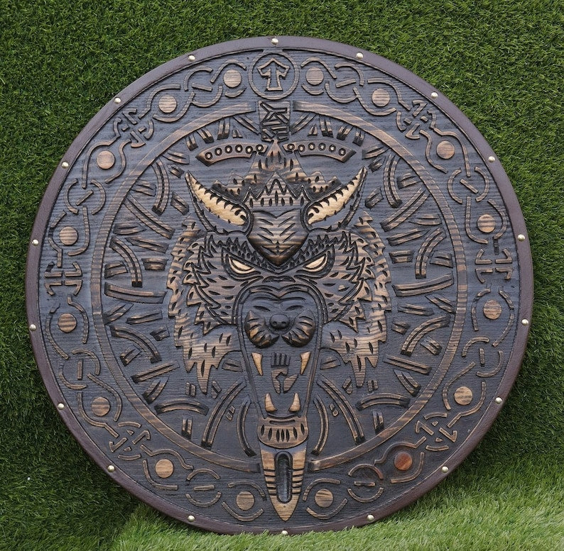 Handmade Viking Fenrir Shield – Carved Wooden Round Shield with Wolf Design – Decorative Viking Gift for Him, Dad, or Collectors, 24" (Copy)