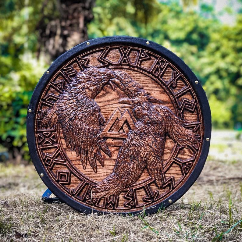Viking Shield Wooden Carving Medieval Round Cosplay Shield 24" Armor Wall Decor