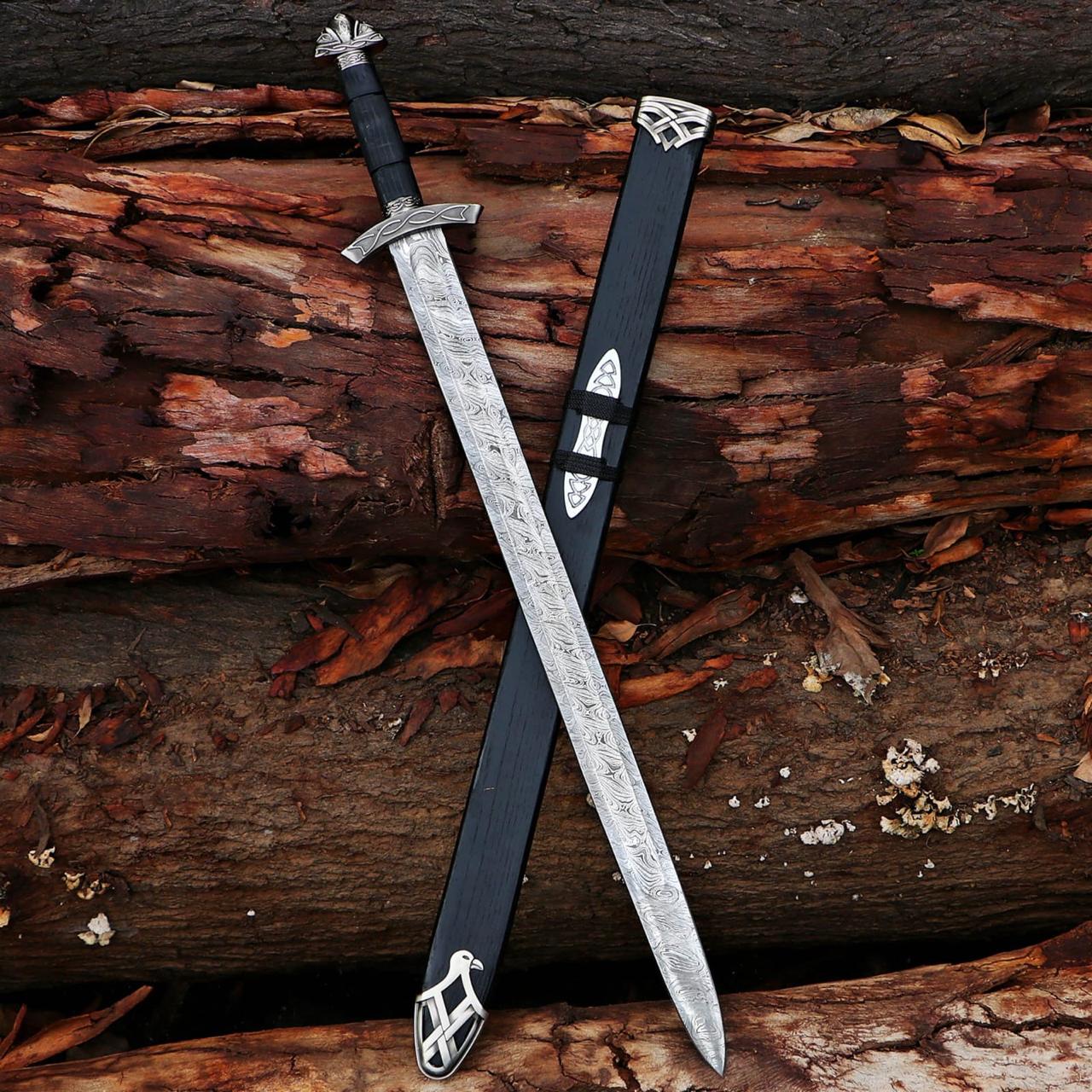 Handmade Damascus Steel Real Viking Style Sword, Collectible Medieval Replica