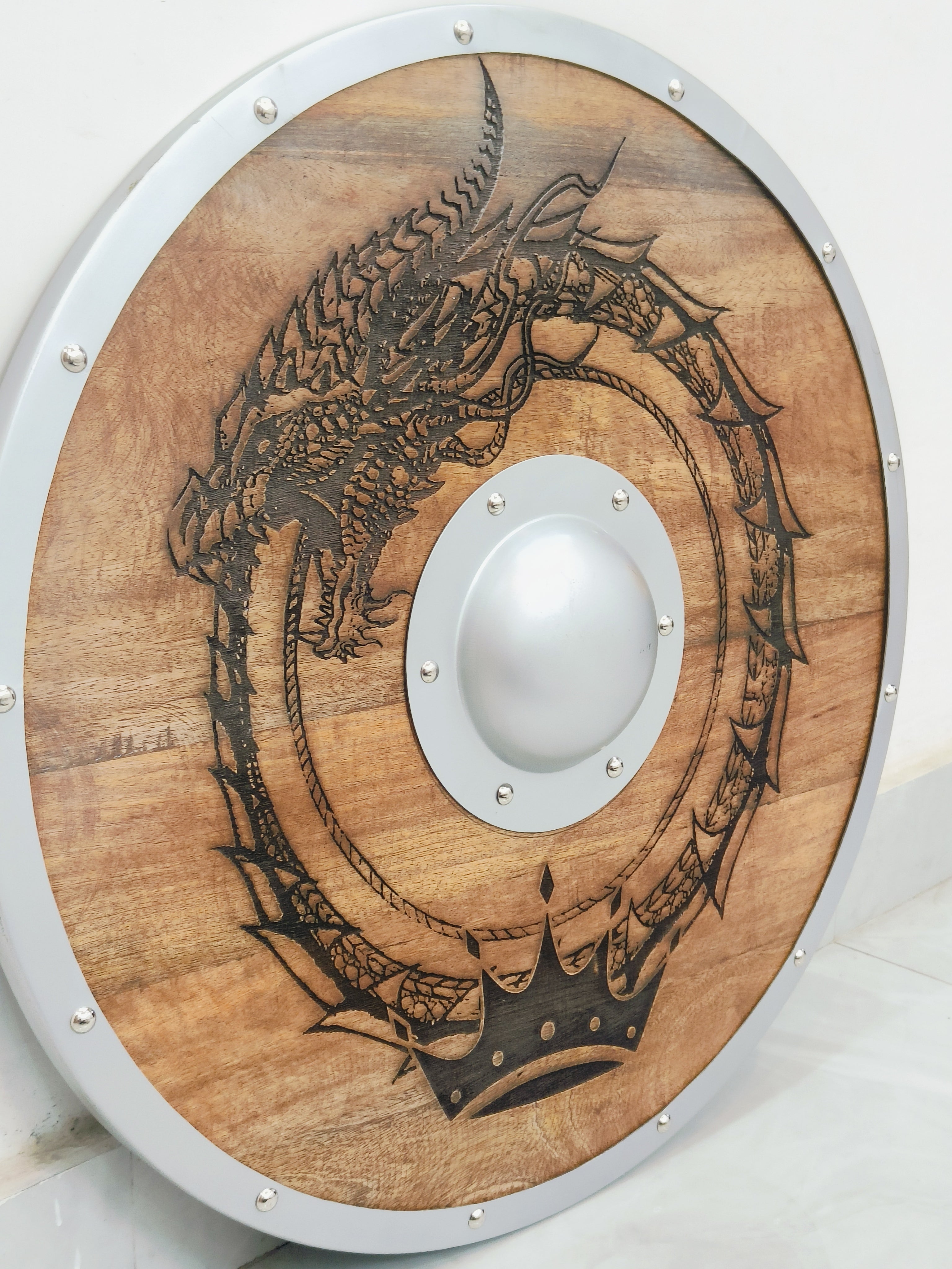 Carved Norse Runic Dragon Shield With Crown Authentic Viking Shield, 24"