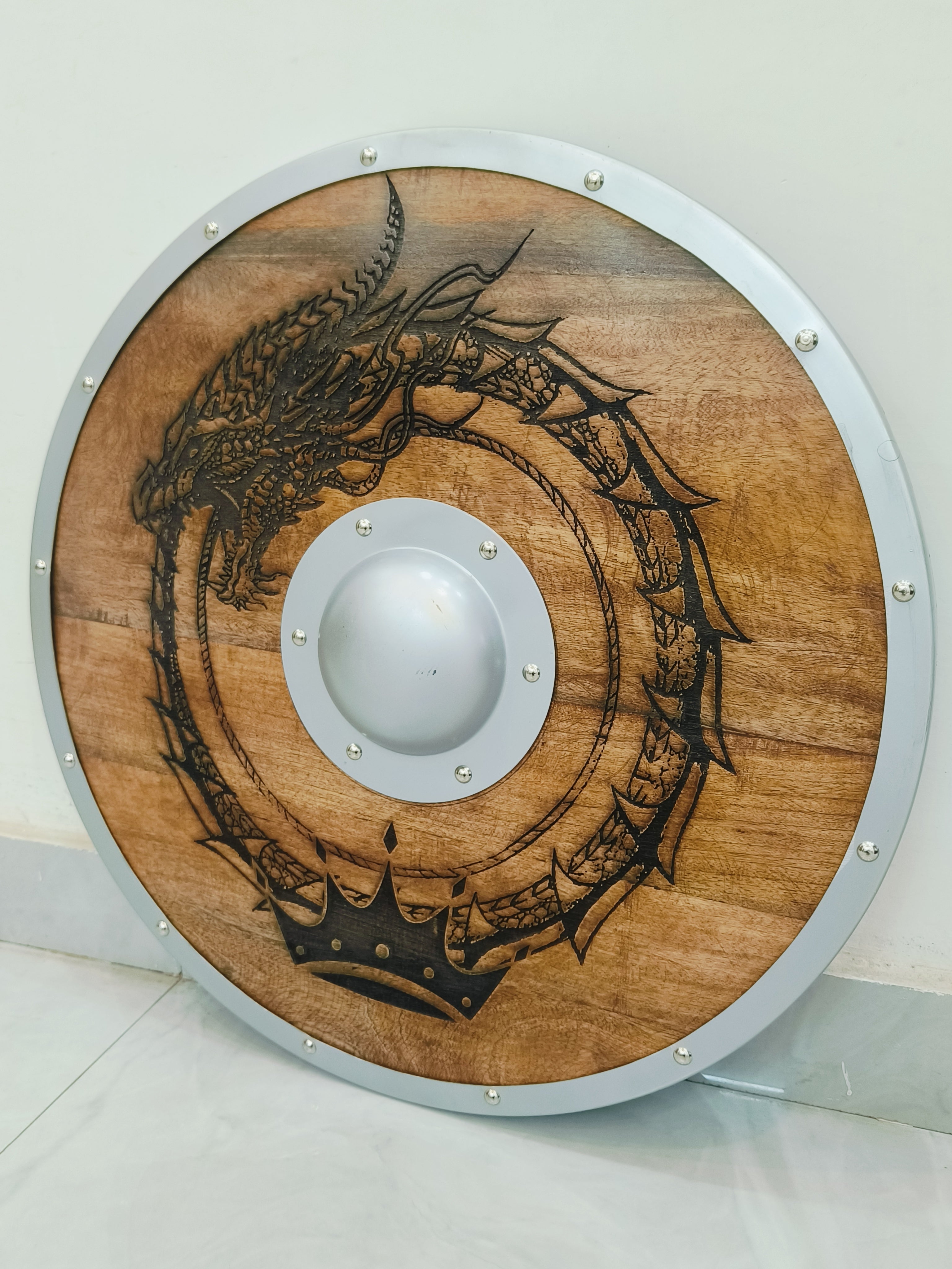 Carved Norse Runic Dragon Shield With Crown Authentic Viking Shield, 24"