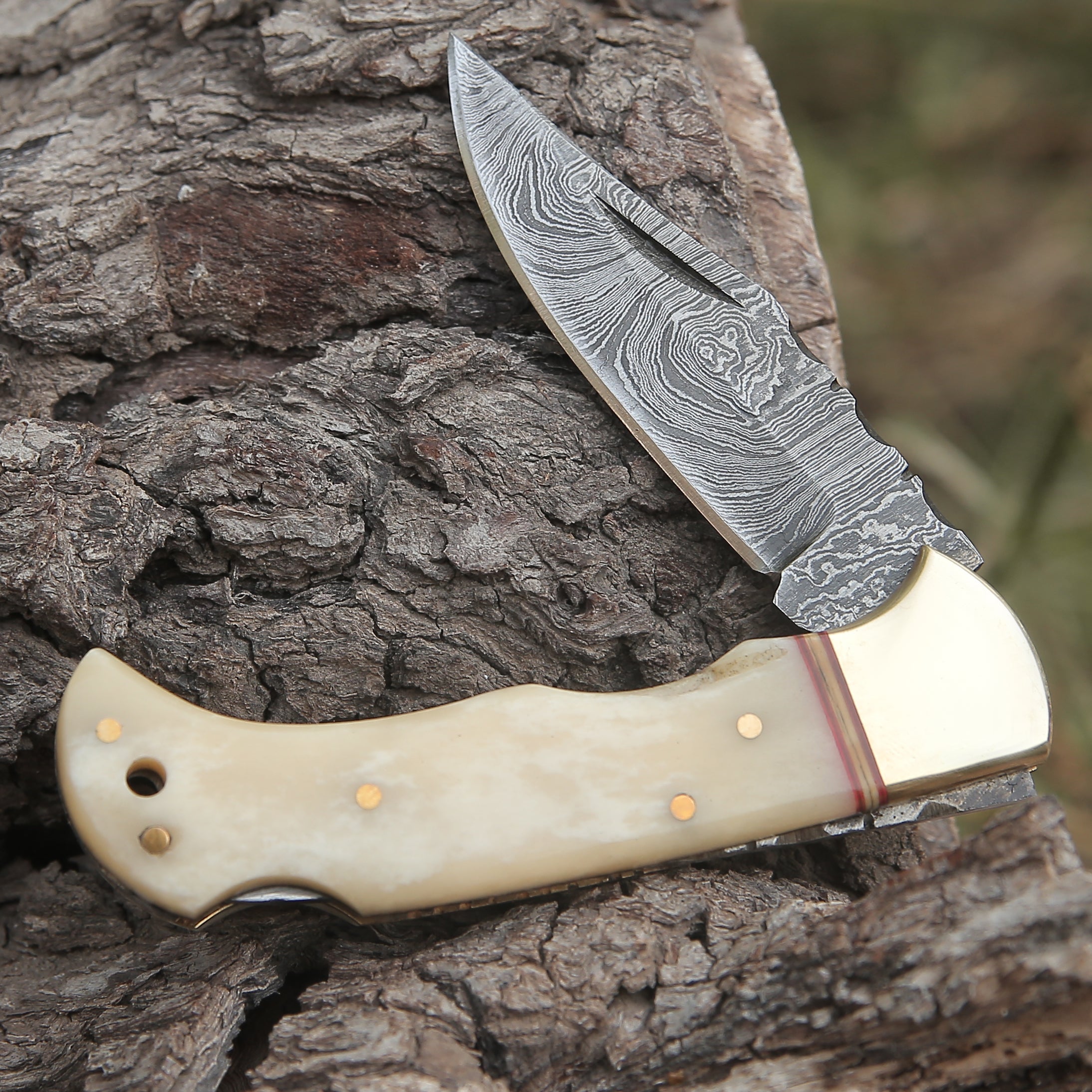 Custom Hand Forged Damascus Folding Knife Engraved Brass Bolster With Bone Handle WH 1554
