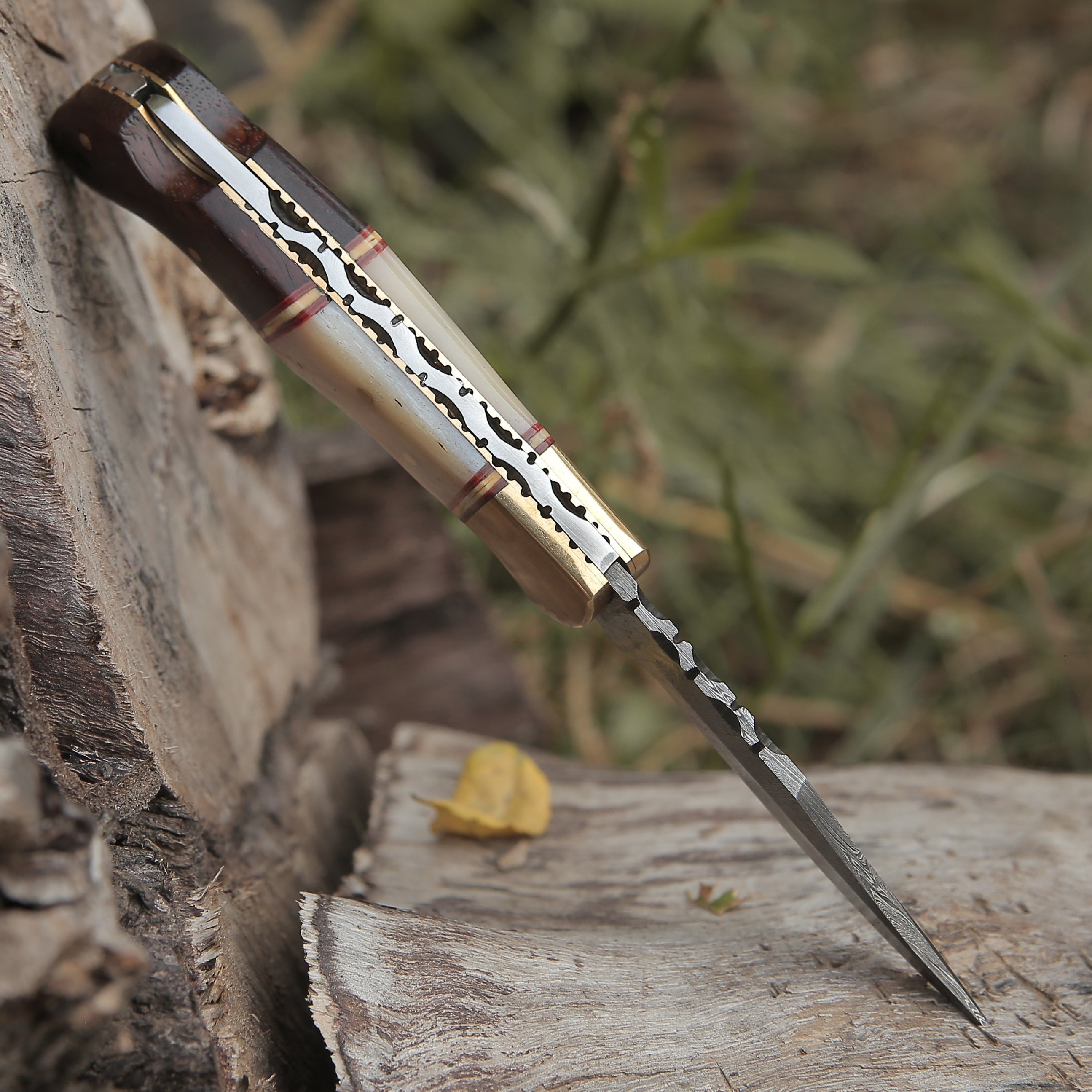 Custom Hand Forged Damascus Steel Folding Knife W/ Rose Wood & Bone Handle WH 1280