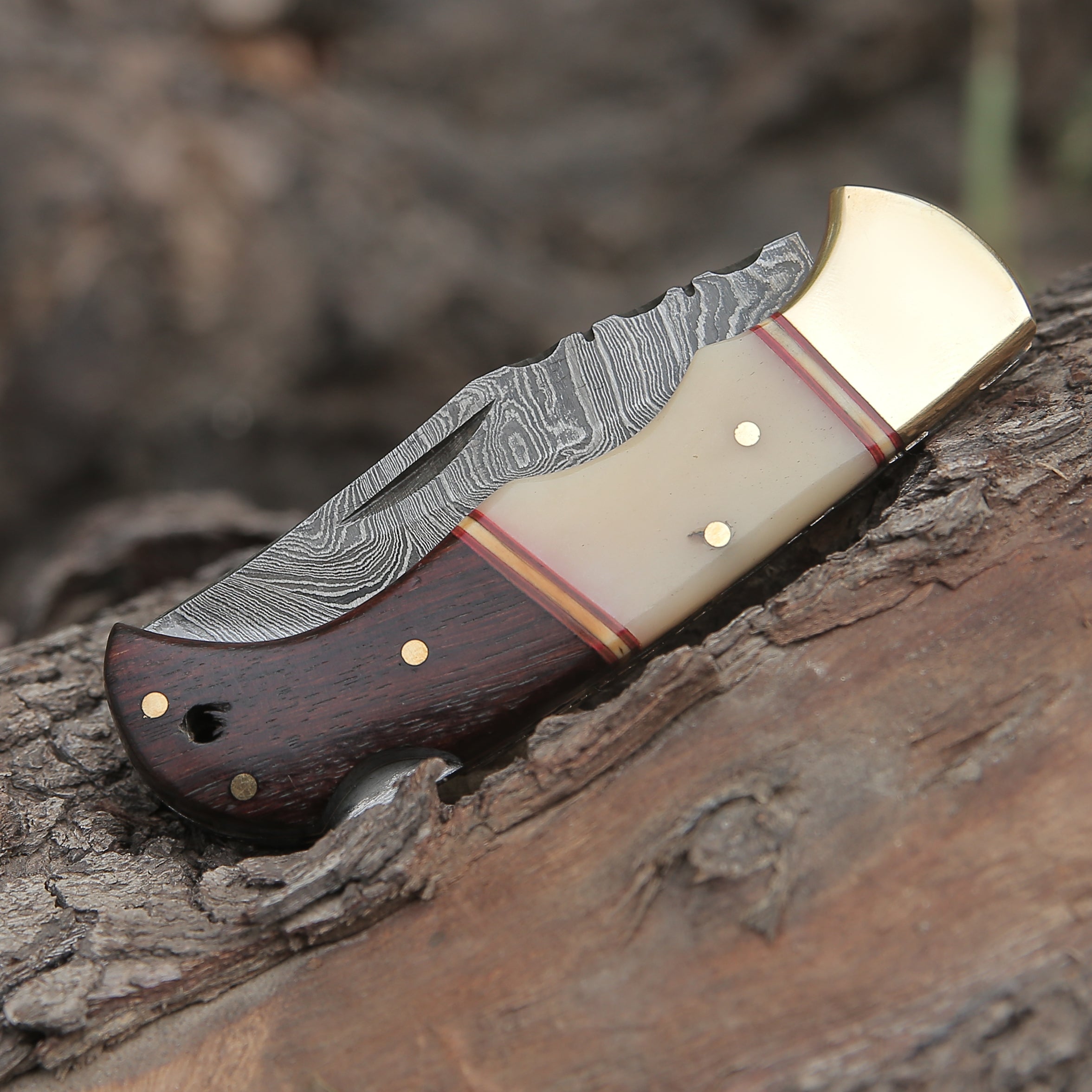 Custom Hand Forged Damascus Steel Folding Knife W/ Rose Wood & Bone Handle WH 1280