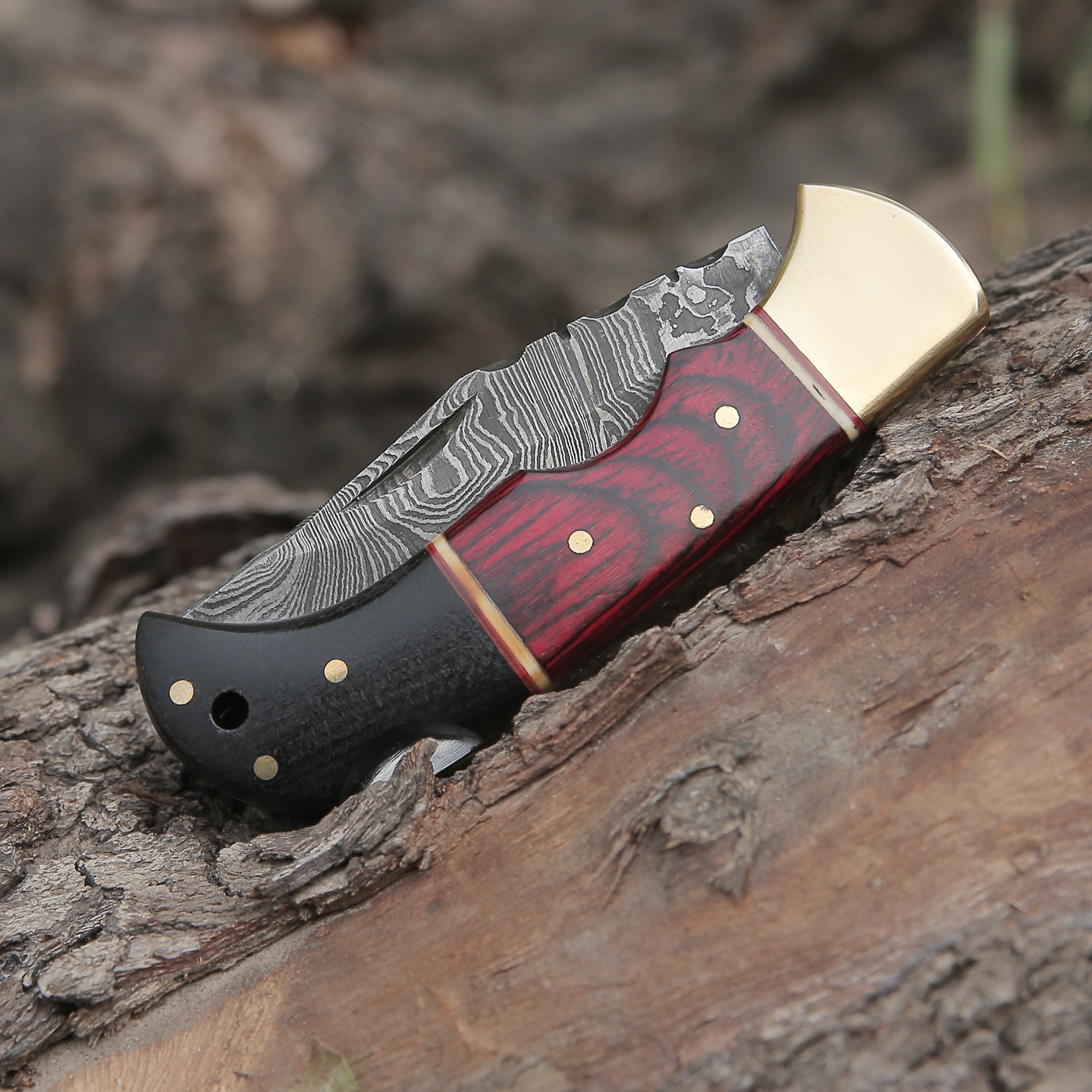 Custom Hand Made Damascus Steel Hunting Folding Knife With Brass Bolster & Bull Horn Wood Handle WH 3506